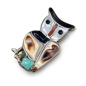 Vintage Zuni Style Sterling Silver Inlay Owl Brooch Pendant Turquoise
